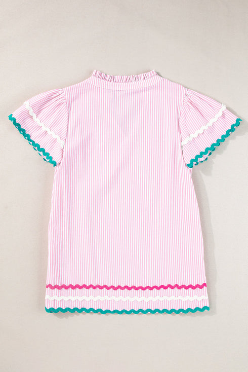 Stripe Ricrac Trim Split Neck Striped Ruffled Sleeve Blouse